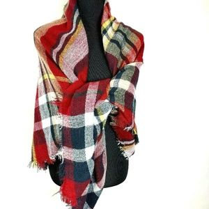 Oversized Plaid Wrap Blanket Scarf Red Fringe